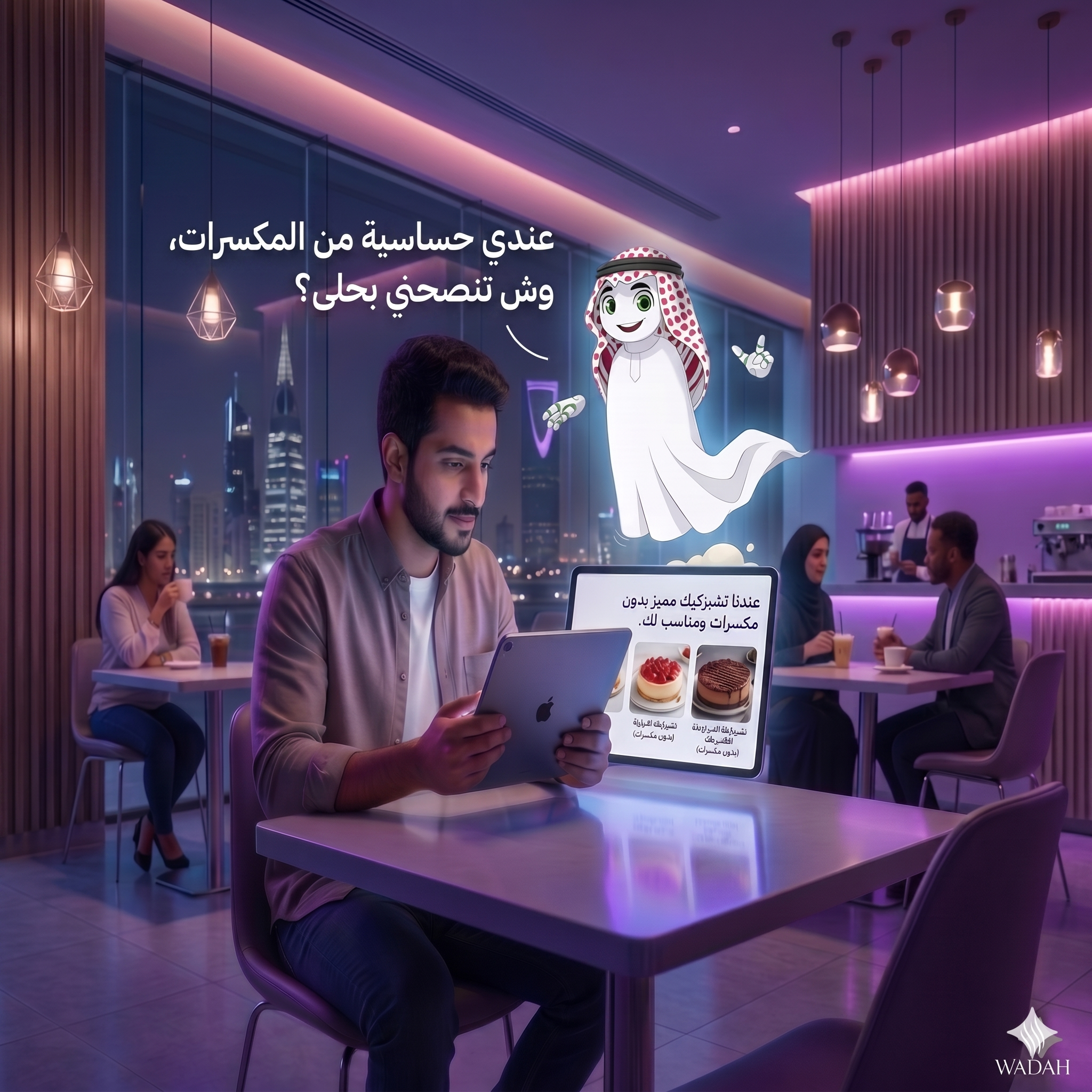 عميل في مقهى يسأل وضاح عن خيارات بدون مكسرات