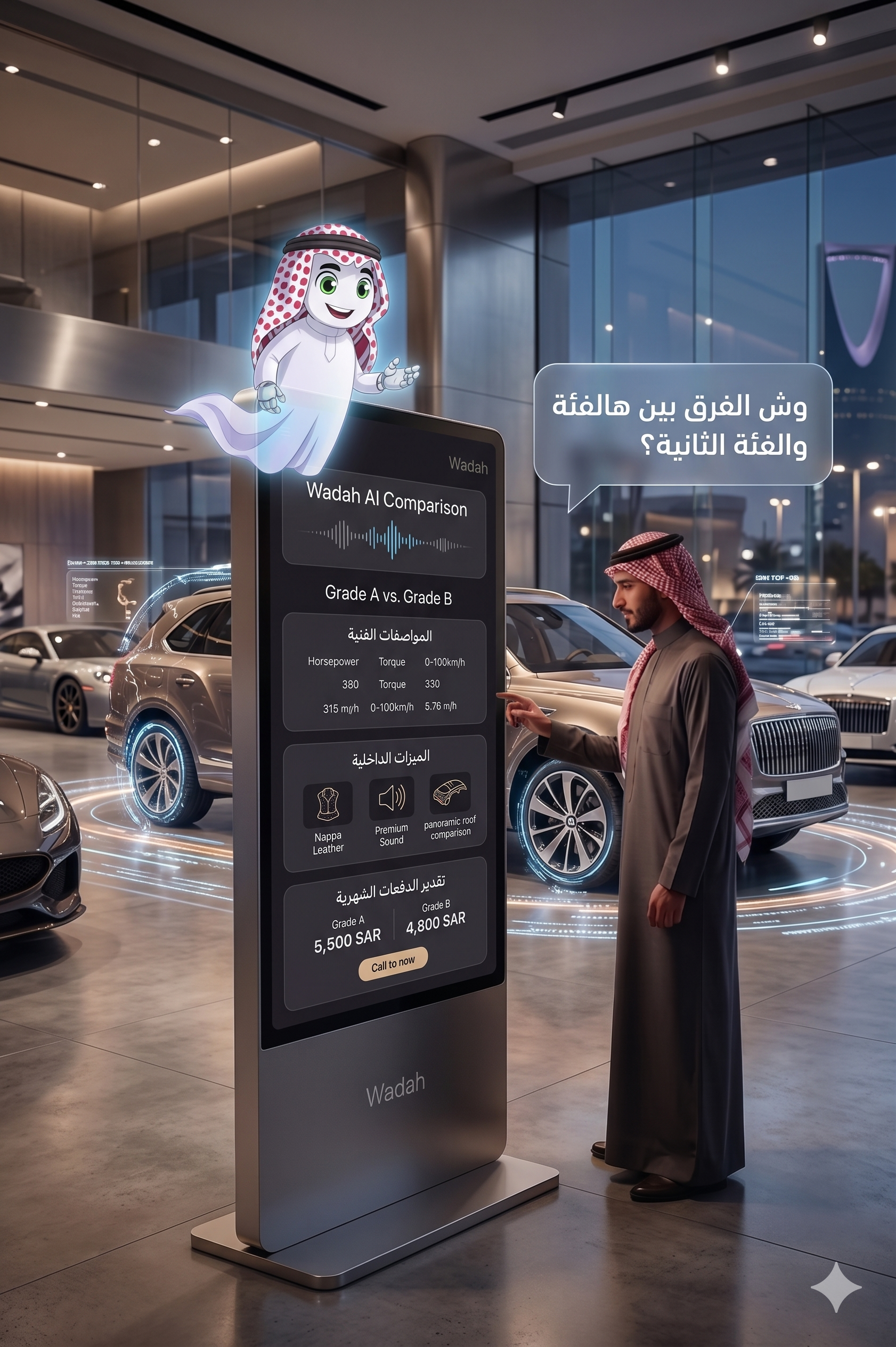 معرض سيارات فيه شاشة تفاعلية تقارن بين فئتين